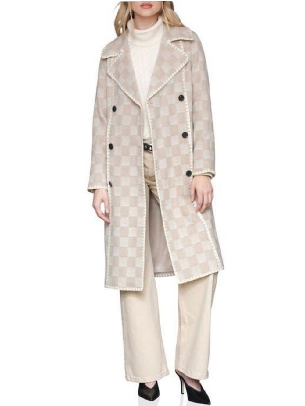 Avec Les Filles Beige Check Trench-Style Robe with Belt